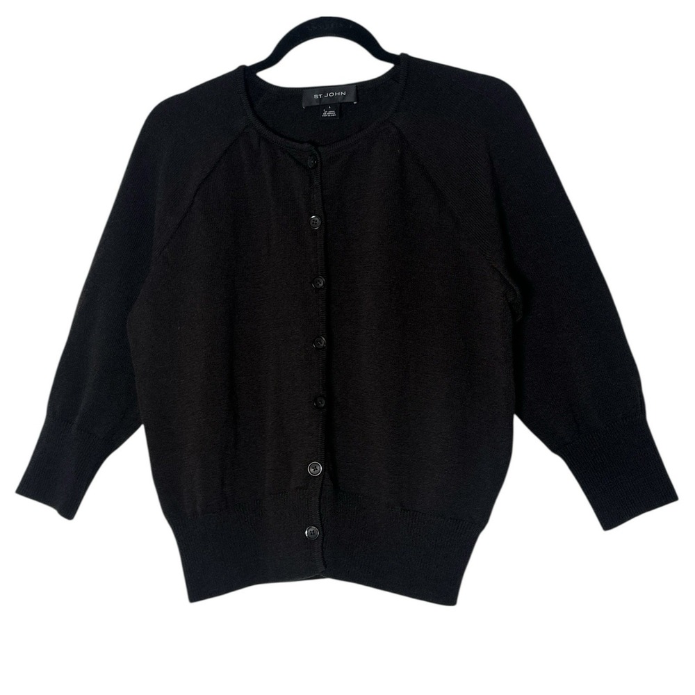 St. John Santana Knit Crop Cardigan Women's Large Brown Buttons Front Designer